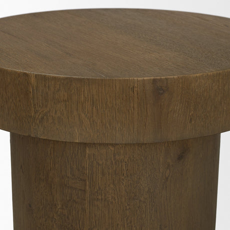 Lyonne Round Medium Brown Oak Wood Pedestal Side Tables by Mercana at Eve Furniture