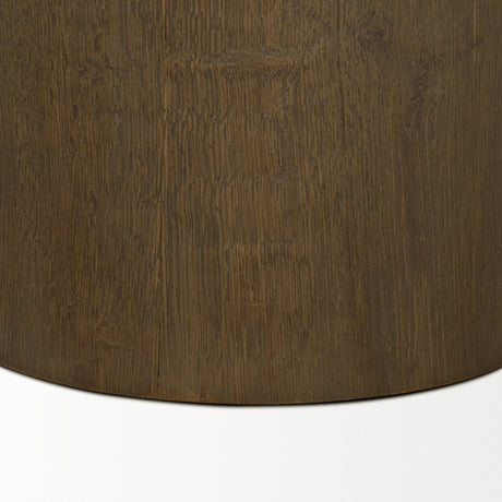 Lyonne Round Medium Brown Oak Wood Pedestal Side Tables by Mercana at Eve Furniture