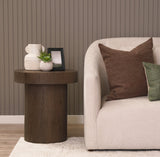 Lyonne Round Medium Brown Oak Wood Pedestal Side Tables by Mercana at Eve Furniture