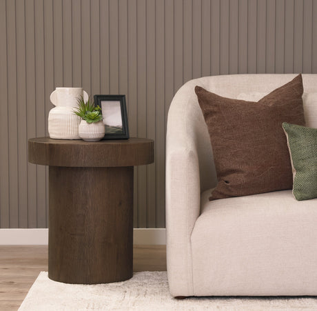 Lyonne Round Medium Brown Oak Wood Pedestal Side Tables by Mercana at Eve Furniture