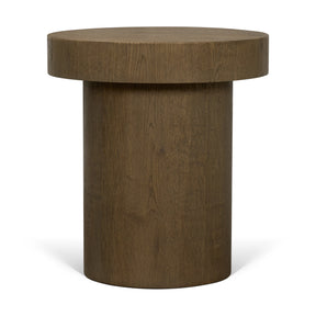 Lyonne Round Medium Brown Oak Wood Pedestal Side Tables by Mercana at Eve Furniture