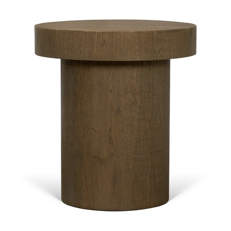 Lyonne Round Medium Brown Oak Wood Pedestal Side Tables by Mercana at Eve Furniture