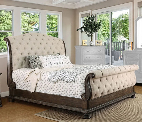 Lysandra Rustic Natural Tone/Beige Upholstered Queen Sleigh Bed by Furniture of America at Eve Furniture