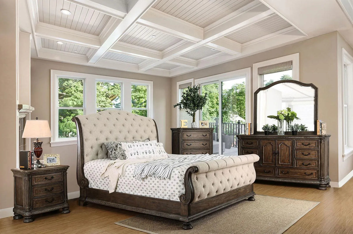 Lysandra Rustic Natural Tone/Beige Upholstered Queen Sleigh Bed by Furniture of America at Eve Furniture