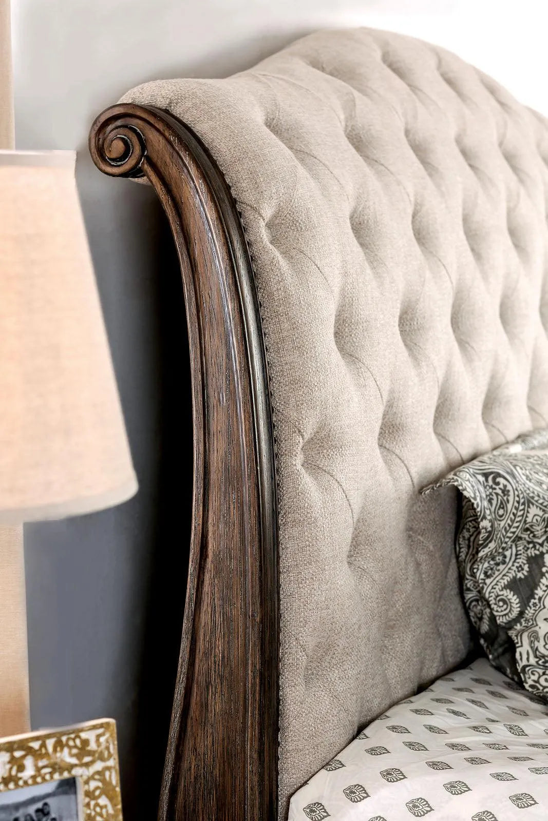 Lysandra Rustic Natural Tone/Beige Upholstered Queen Sleigh Bed by Furniture of America at Eve Furniture