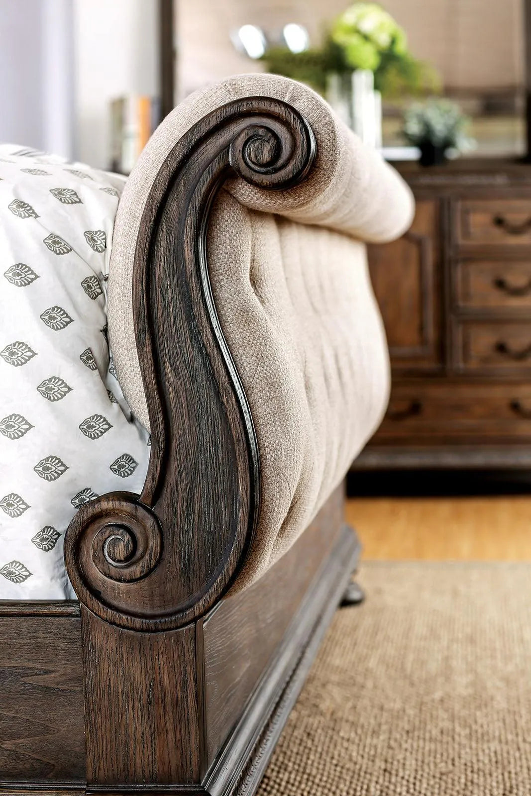 Lysandra Rustic Natural Tone/Beige Upholstered Queen Sleigh Bed by Furniture of America at Eve Furniture