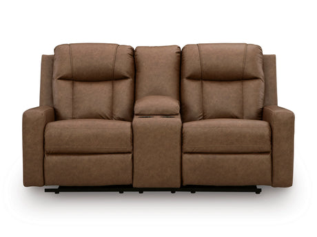 Mackmenville Caramel Reclining Loveseat with Console by Ashley at Eve Furniture