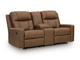 Mackmenville Caramel Reclining Loveseat with Console by Ashley at Eve Furniture