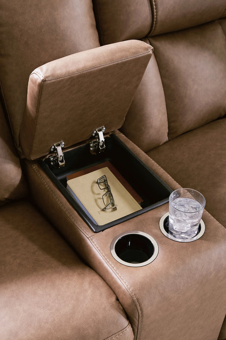 Mackmenville Caramel Reclining Loveseat with Console by Ashley at Eve Furniture