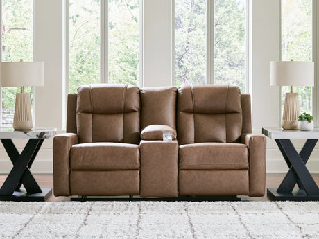 Mackmenville Caramel Reclining Loveseat with Console by Ashley at Eve Furniture