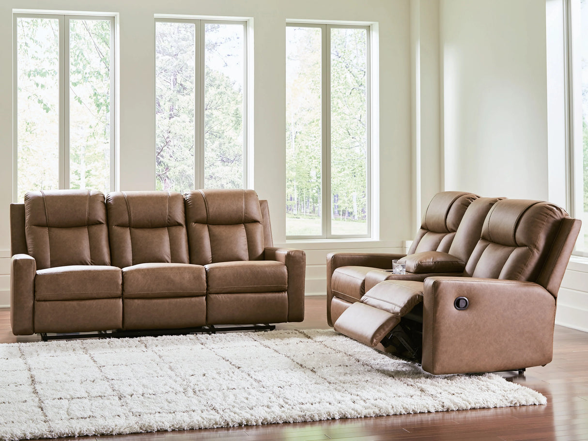 Mackmenville Caramel Reclining Sofa and Loveseat by Ashley at Eve Furniture