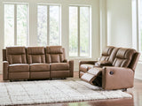 Mackmenville Caramel Reclining Sofa and Loveseat by Ashley at Eve Furniture