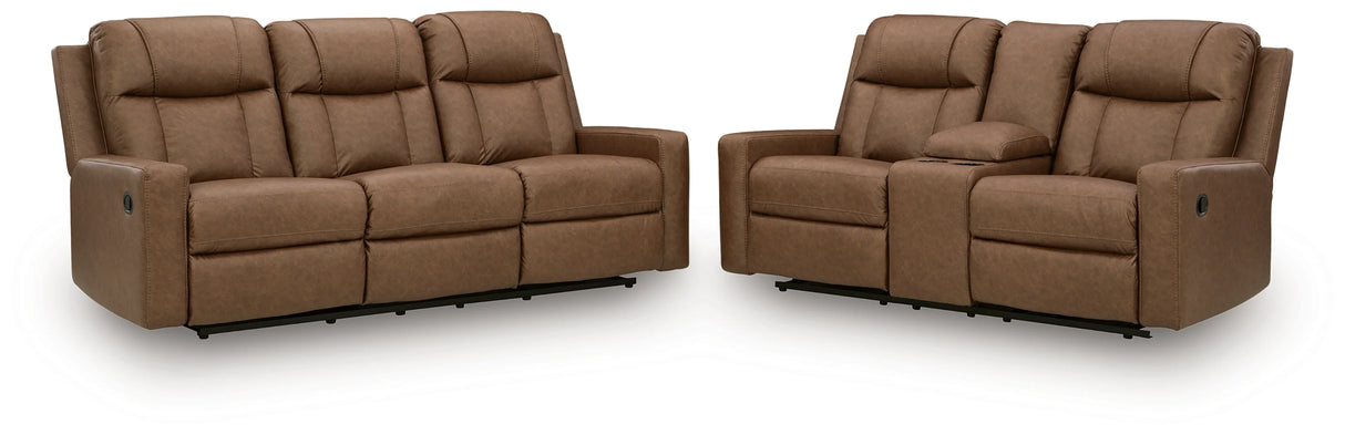 Mackmenville Caramel Reclining Sofa and Loveseat by Ashley at Eve Furniture