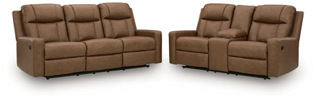 Mackmenville Caramel Reclining Sofa and Loveseat by Ashley at Eve Furniture
