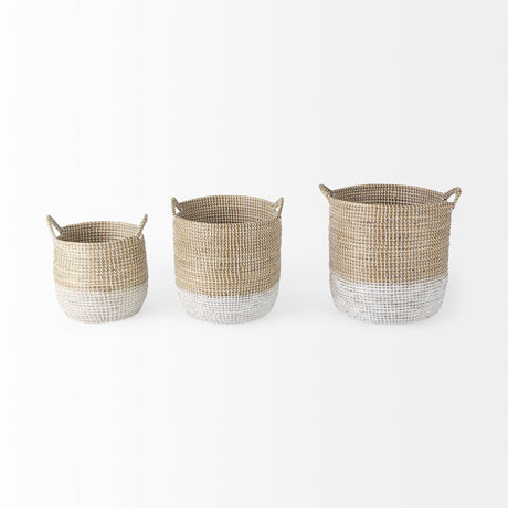 Maddie (Set of 3) Light Brown W/White Dipped Seagrass Round Basket W/ Handles by Mercana at Eve Furniture