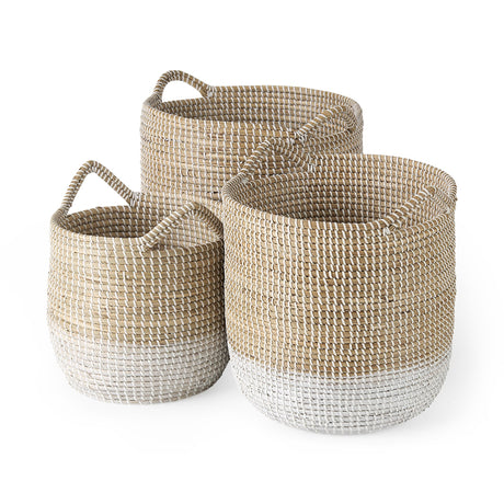 Maddie (Set of 3) Light Brown W/White Dipped Seagrass Round Basket W/ Handles by Mercana at Eve Furniture