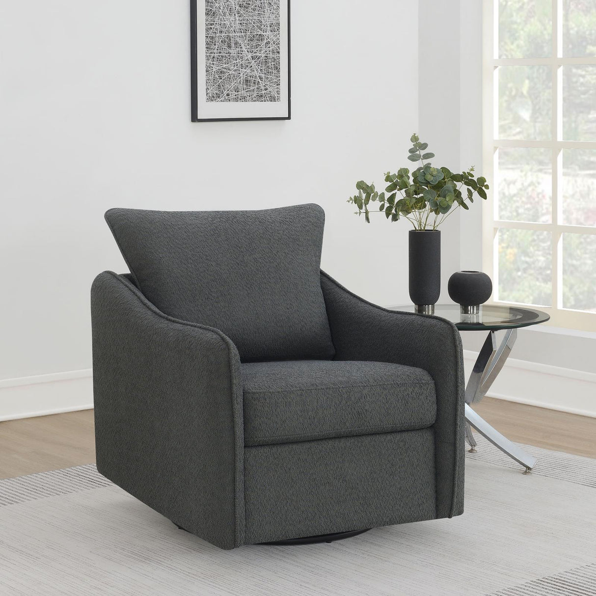 Madia Charcoal Gray Boucle Upholstered Swivel Glider Chair by Coaster at Eve Furniture