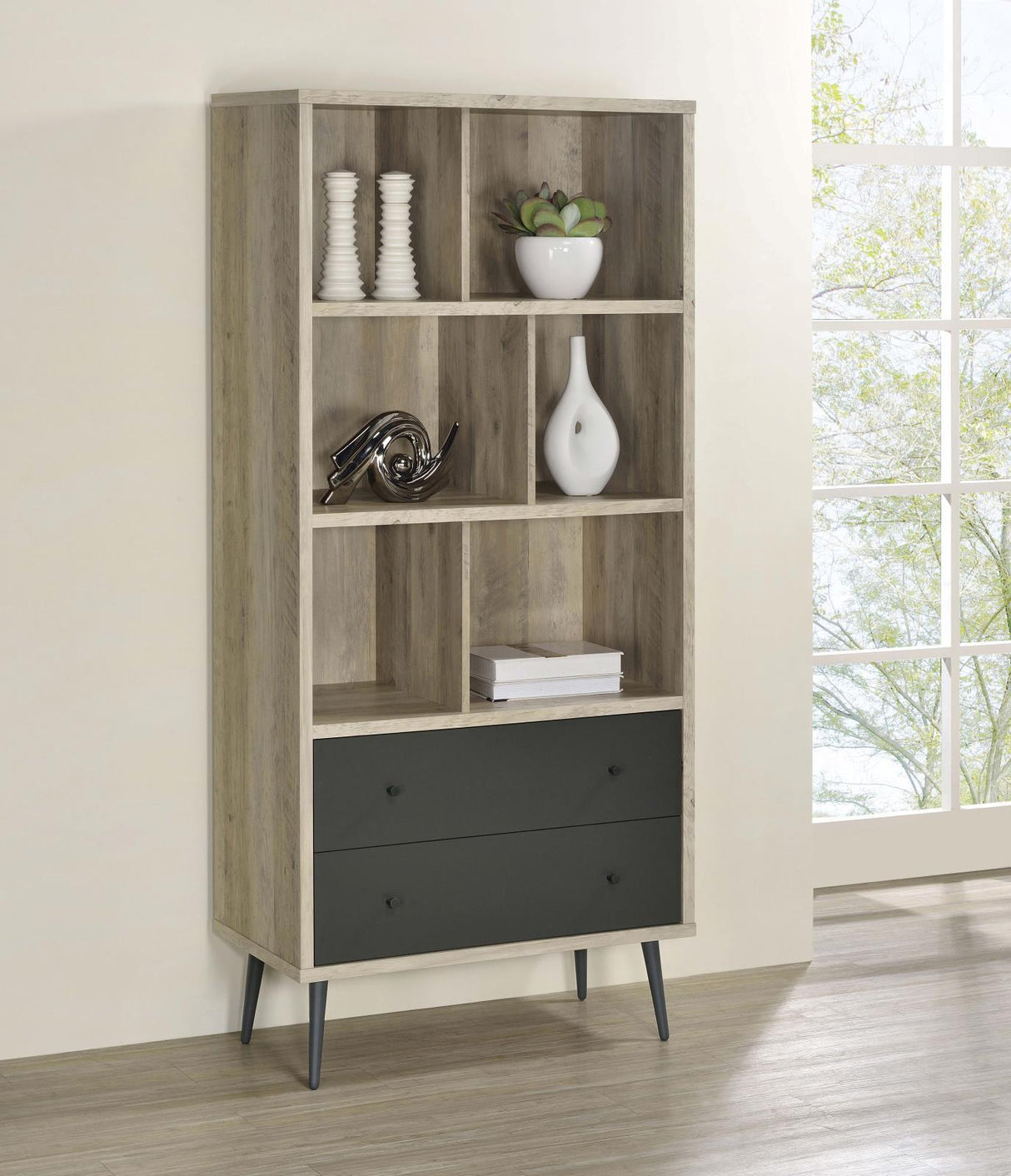 Maeve Distressed Pine 70-inch 3-shelf Bookcase with Drawers by Coaster at Eve Furniture