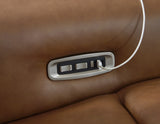 Magic Man Caramel 2-Piece Dual Power Leather Reclining Modular Loveseat by Ashley at Eve Furniture