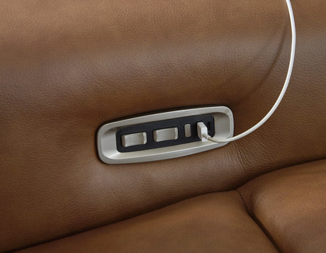 Magic Man Caramel 2-Piece Dual Power Leather Reclining Modular Loveseat by Ashley at Eve Furniture