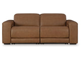 Magic Man Caramel 2-Piece Dual Power Leather Reclining Modular Loveseat by Ashley at Eve Furniture