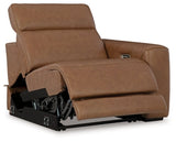 Magic Man Caramel 2-Piece Dual Power Leather Reclining Modular Loveseat by Ashley at Eve Furniture