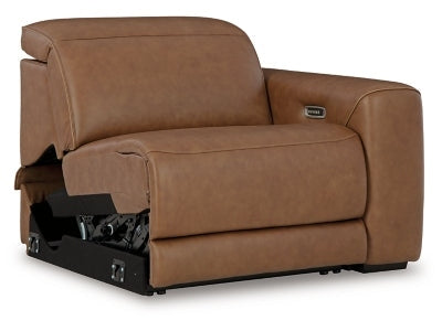 Magic Man Caramel 2-Piece Dual Power Leather Reclining Modular Loveseat by Ashley at Eve Furniture