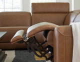 Magic Man Caramel 2-Piece Dual Power Leather Reclining Modular Loveseat by Ashley at Eve Furniture