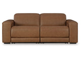 Magic Man Caramel 2-Piece Dual Power Leather Reclining Modular Loveseat by Ashley at Eve Furniture