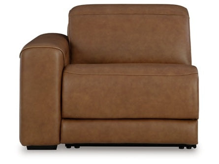 Magic Man Caramel 2-Piece Dual Power Leather Reclining Modular Loveseat by Ashley at Eve Furniture