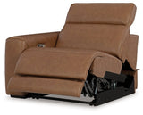 Magic Man Caramel 2-Piece Dual Power Leather Reclining Modular Loveseat by Ashley at Eve Furniture