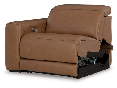 Magic Man Caramel 2-Piece Dual Power Leather Reclining Modular Loveseat by Ashley at Eve Furniture