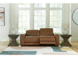 Magic Man Caramel 2-Piece Dual Power Leather Reclining Modular Loveseat by Ashley at Eve Furniture