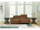 Magic Man Caramel 2-Piece Dual Power Leather Reclining Modular Loveseat by Ashley at Eve Furniture