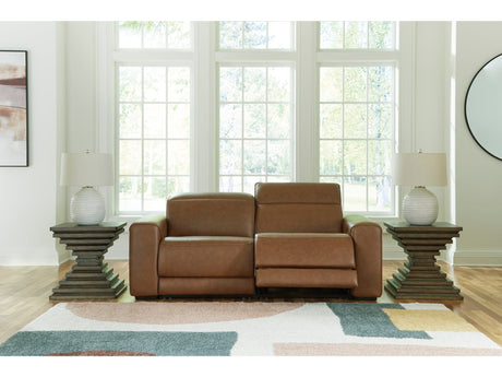 Magic Man Caramel 2-Piece Dual Power Leather Reclining Modular Loveseat by Ashley at Eve Furniture