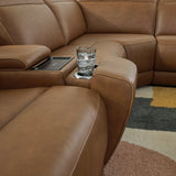 Magic Man Caramel 6-Piece Dual Power Leather Reclining Modular Sectional with Console by Ashley at Eve Furniture