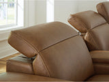Magic Man Caramel Dual Power Leather Reclining Modular Loveseat with Console by Ashley at Eve Furniture