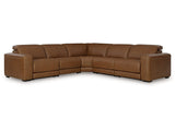 Magic Man Caramel 5-Piece Dual Power Leather Reclining Modular Sectional by Ashley at Eve Furniture