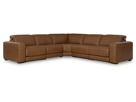 Magic Man Caramel 5-Piece Dual Power Leather Reclining Modular Sectional by Ashley at Eve Furniture