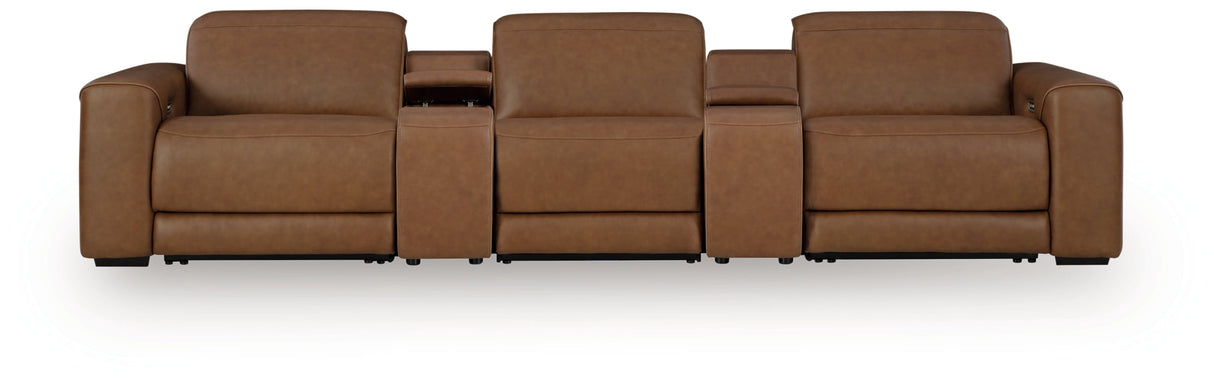 Magic Man Caramel 5-Piece Power Reclining Sectional with Console by Ashley at Eve Furniture