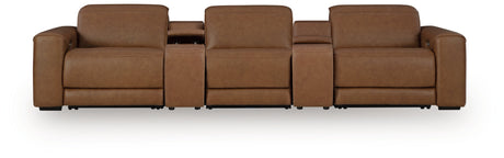 Magic Man Caramel 5-Piece Power Reclining Sectional with Console by Ashley at Eve Furniture