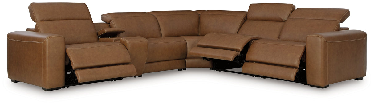 Magic Man Caramel 6-Piece Dual Power Leather Reclining Modular Sectional with Console by Ashley at Eve Furniture