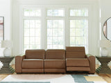 Magic Man Caramel 6-Piece Dual Power Leather Reclining Modular Sectional with Console by Ashley at Eve Furniture
