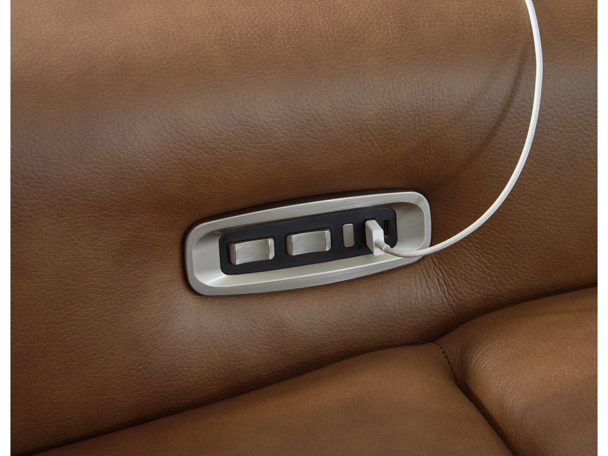 Magic Man Caramel Dual Power Leather Reclining Modular Loveseat with Console by Ashley at Eve Furniture