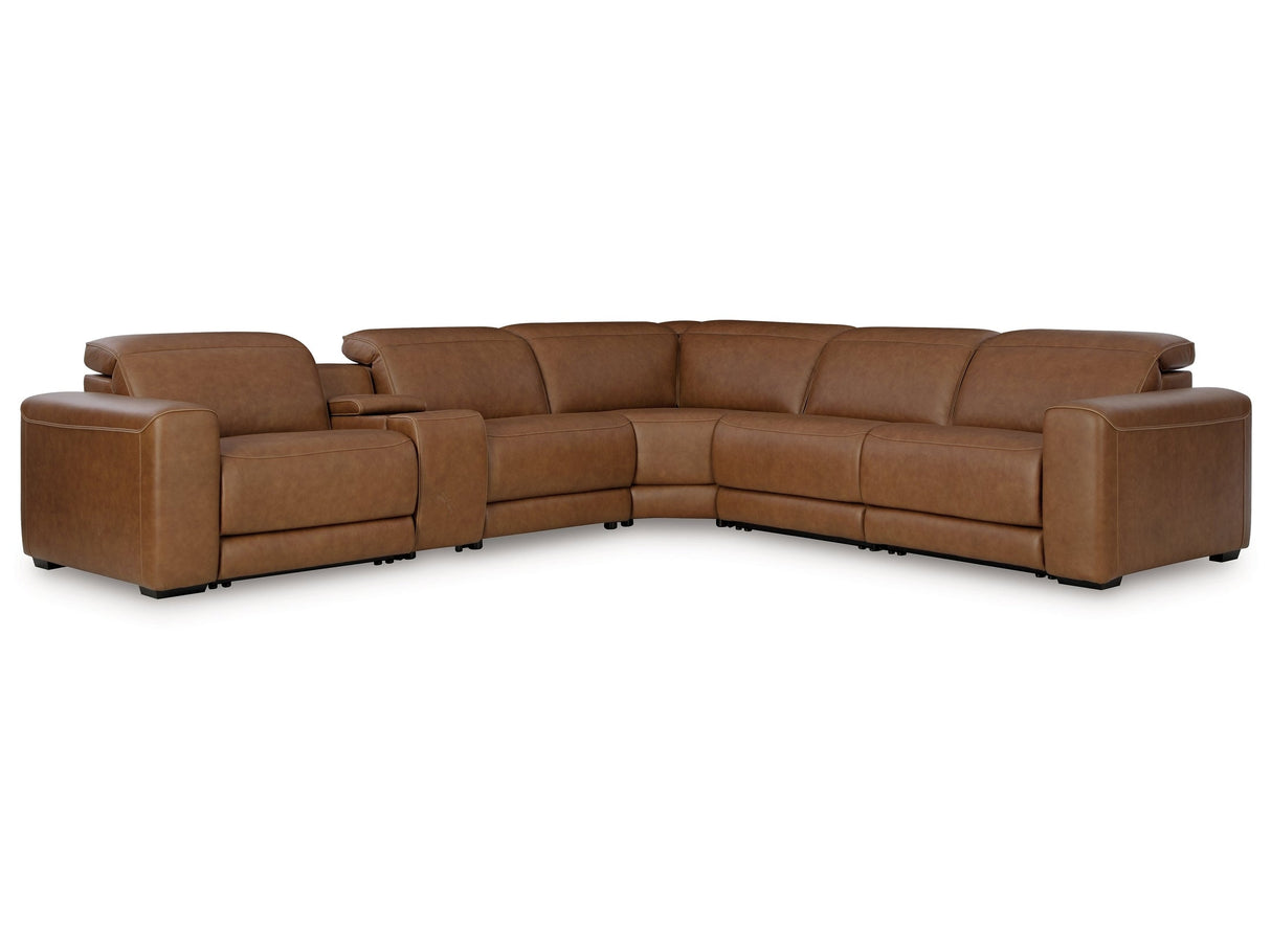 Magic Man Caramel 6-Piece Dual Power Leather Reclining Modular Sectional with Console by Ashley at Eve Furniture