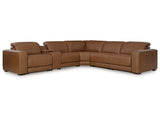 Magic Man Caramel 6-Piece Dual Power Leather Reclining Modular Sectional with Console by Ashley at Eve Furniture