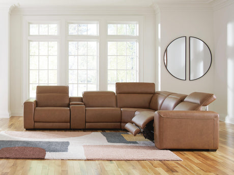 Magic Man Caramel 6-Piece Power Reclining Sectional with Console by Ashley at Eve Furniture