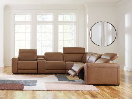 Magic Man Caramel 6-Piece Power Reclining Sectional with Console by Ashley at Eve Furniture