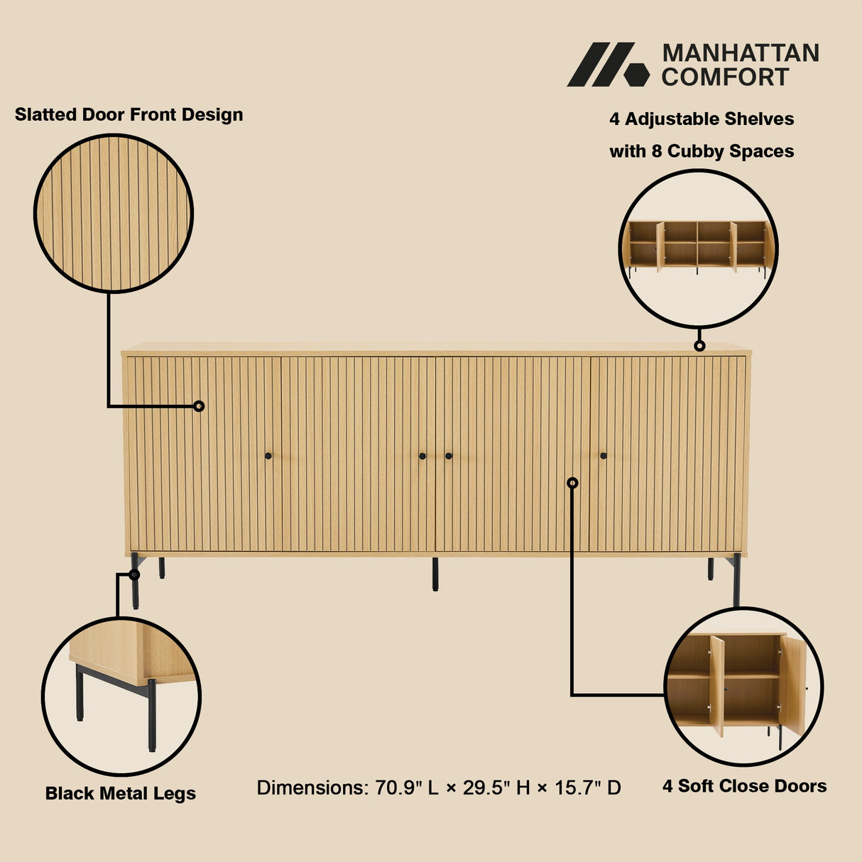 Magnolia70.9" Sideboard in Natural Oak by Manhattan Comfort at Eve Furniture