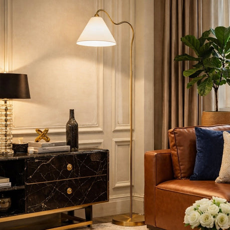 Majestic Brass Ring Base Curved Floor Lamp by Ashcroft Furniture at Eve Furniture
